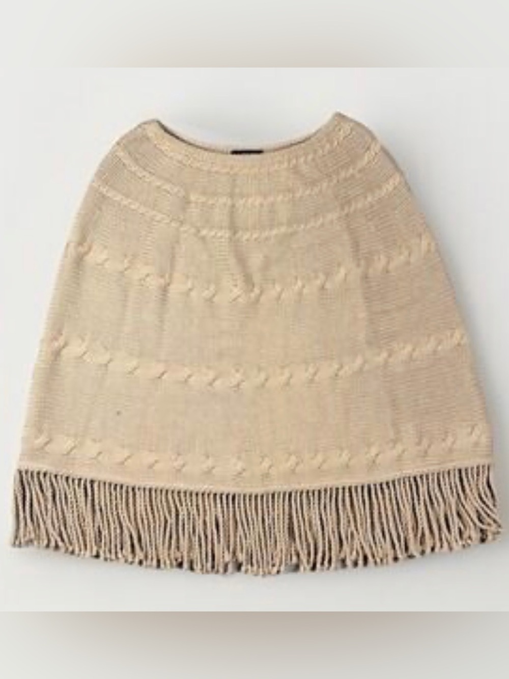 Land’s End Cable Knit Fringe Wool Blend Cocoon Poncho Sweater S/M Equestrian
